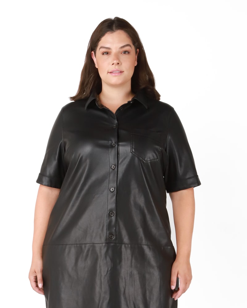 Front of a model wearing a size 0X Carla PU Shirtdress in Black by DEX PLUS. | dia_product_style_image_id:237838